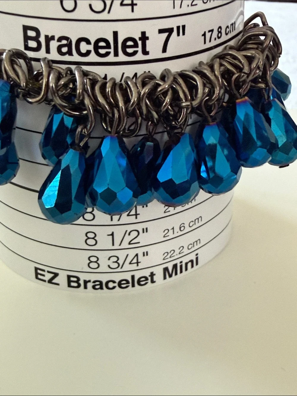 Chunky vintage Blue Beaded faceted teardrop cha charm stretch gun metal Bracelet